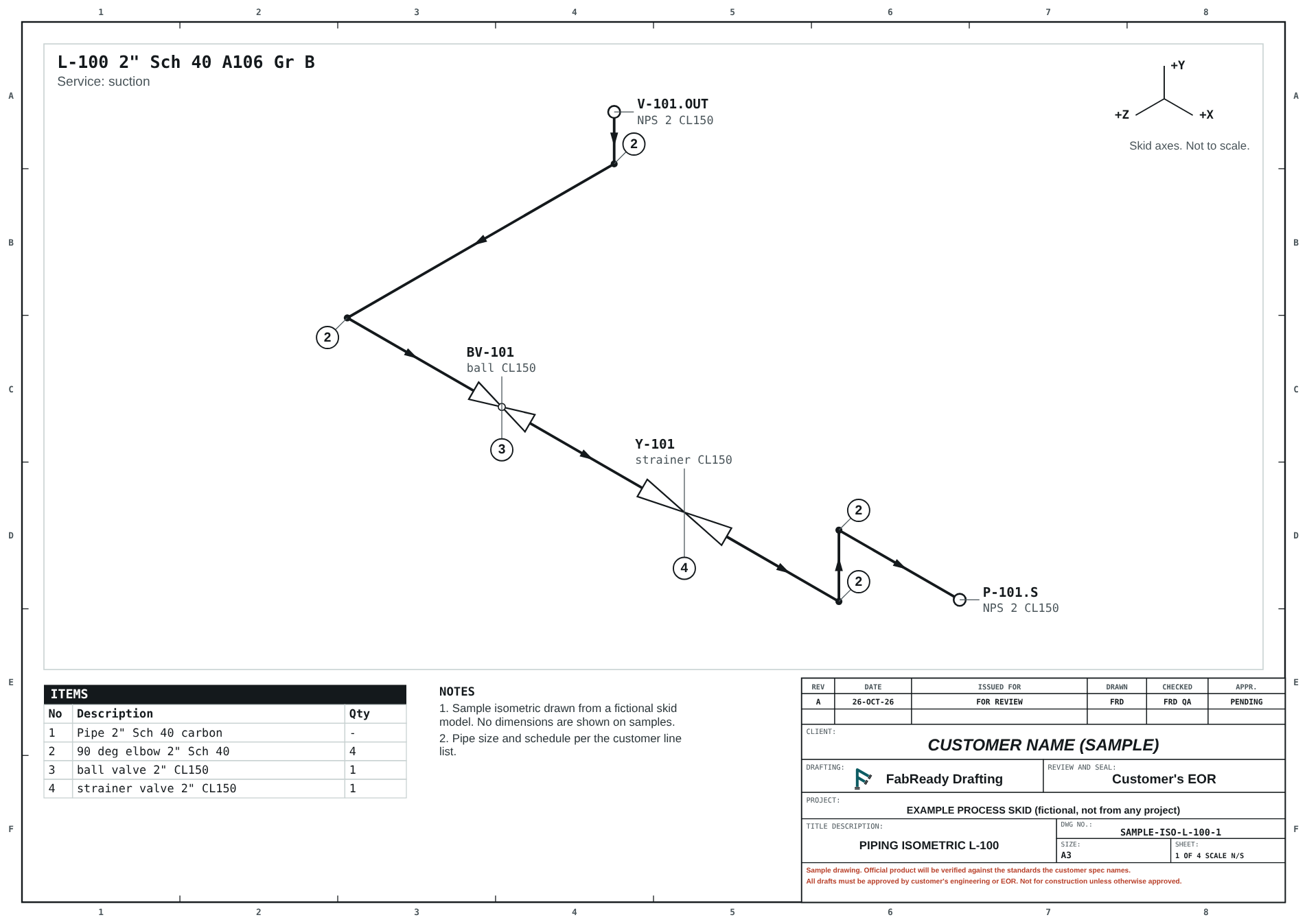 Sample piping isometric of the suction line L-100.
