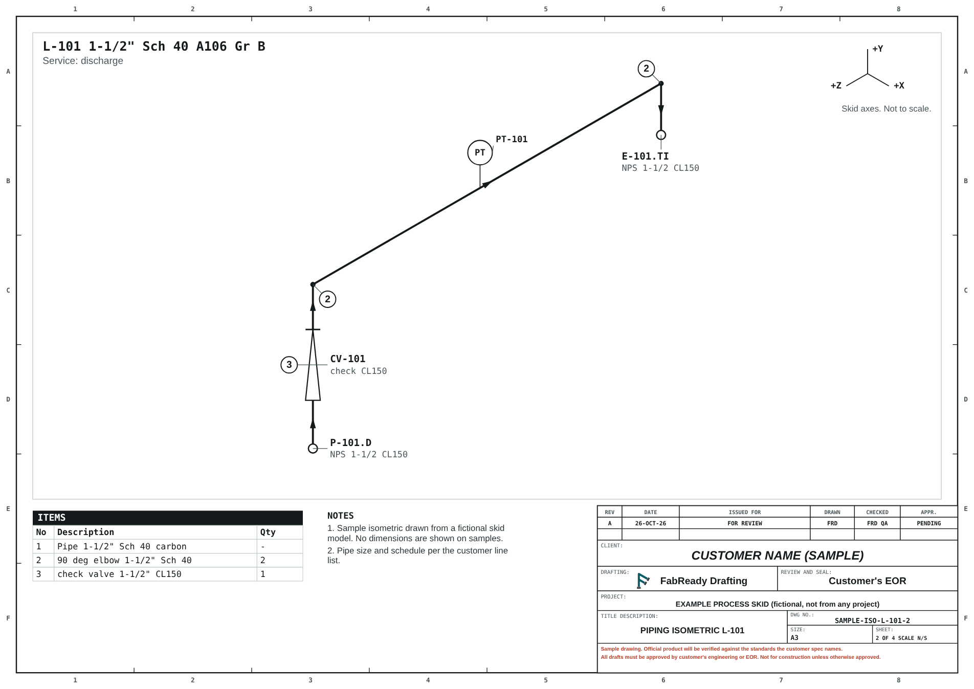 Sample piping isometric of the discharge line L-101.
