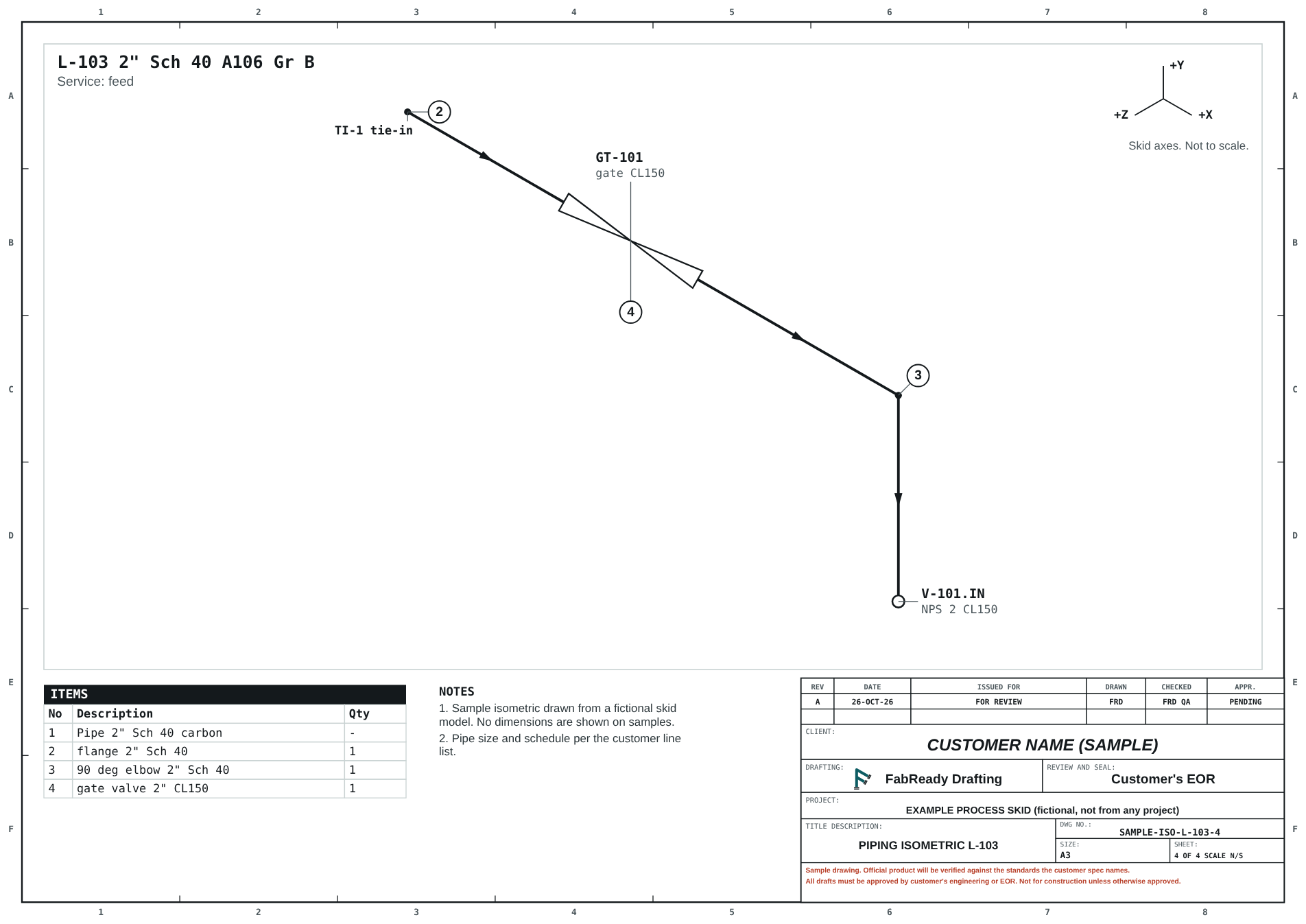 Sample piping isometric of the feed line L-103 from the skid tie-in to the vessel.